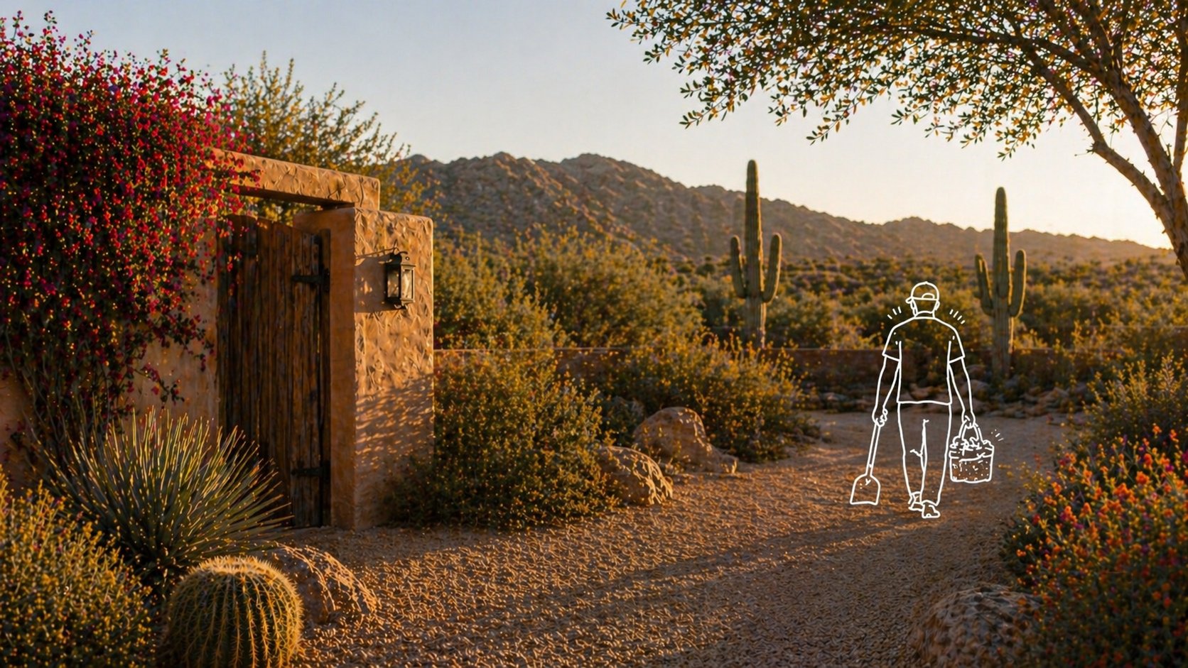 Sunset patio with dog illustration